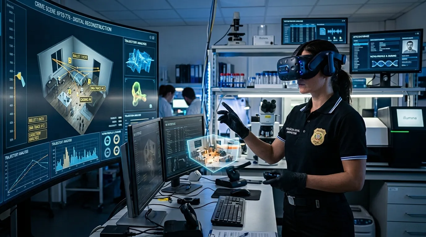 Perita usando óculos de realidade virtual diante da reconstrução da cena