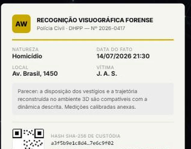Relatório selado com hash e QR da cena